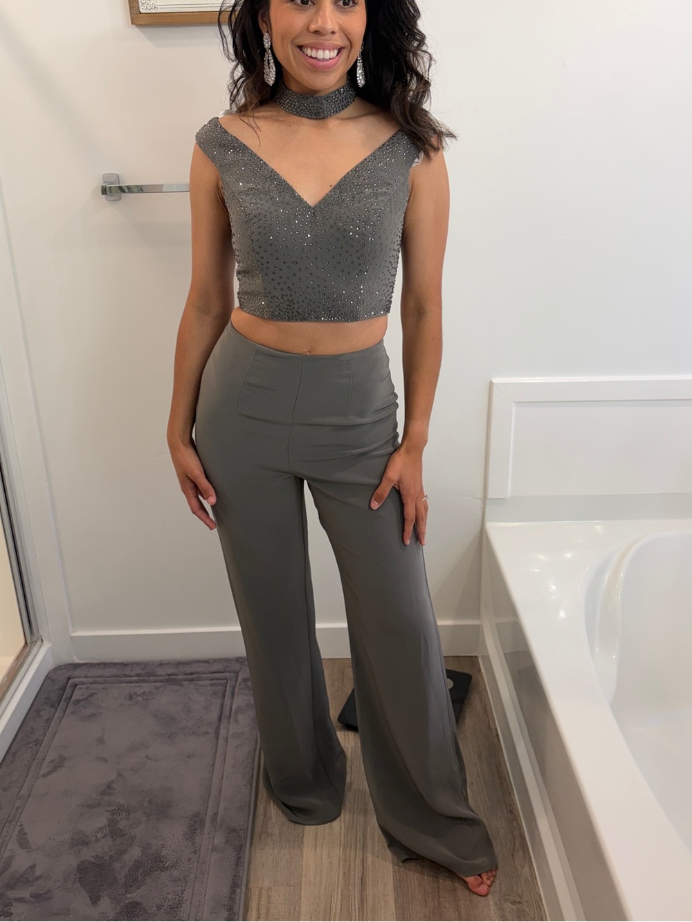 Sherri Hill Gray Two-Piece Wide-Leg Jumpsuit Set